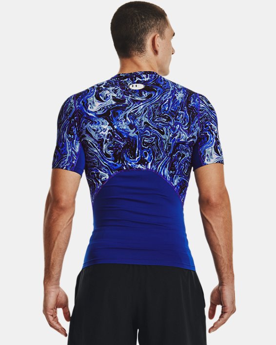 Men's HeatGear® Compression Printed Short Sleeve in Blue image number 1